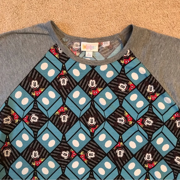 LuLaRoe Disney Randy Raglan Tee Adult Size Large Blue Grey Mickey Mouse - Picture 2 of 8